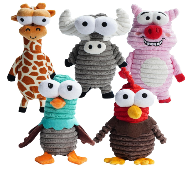 5 pcs Dog Squeaky Toys, 5 Funny Strange Squeak Sounds for 5 Different Animals, Durable Stimulate Toy for Small to Large Dogs